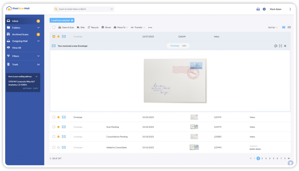 Virtual Mailbox Features PostScan Mail