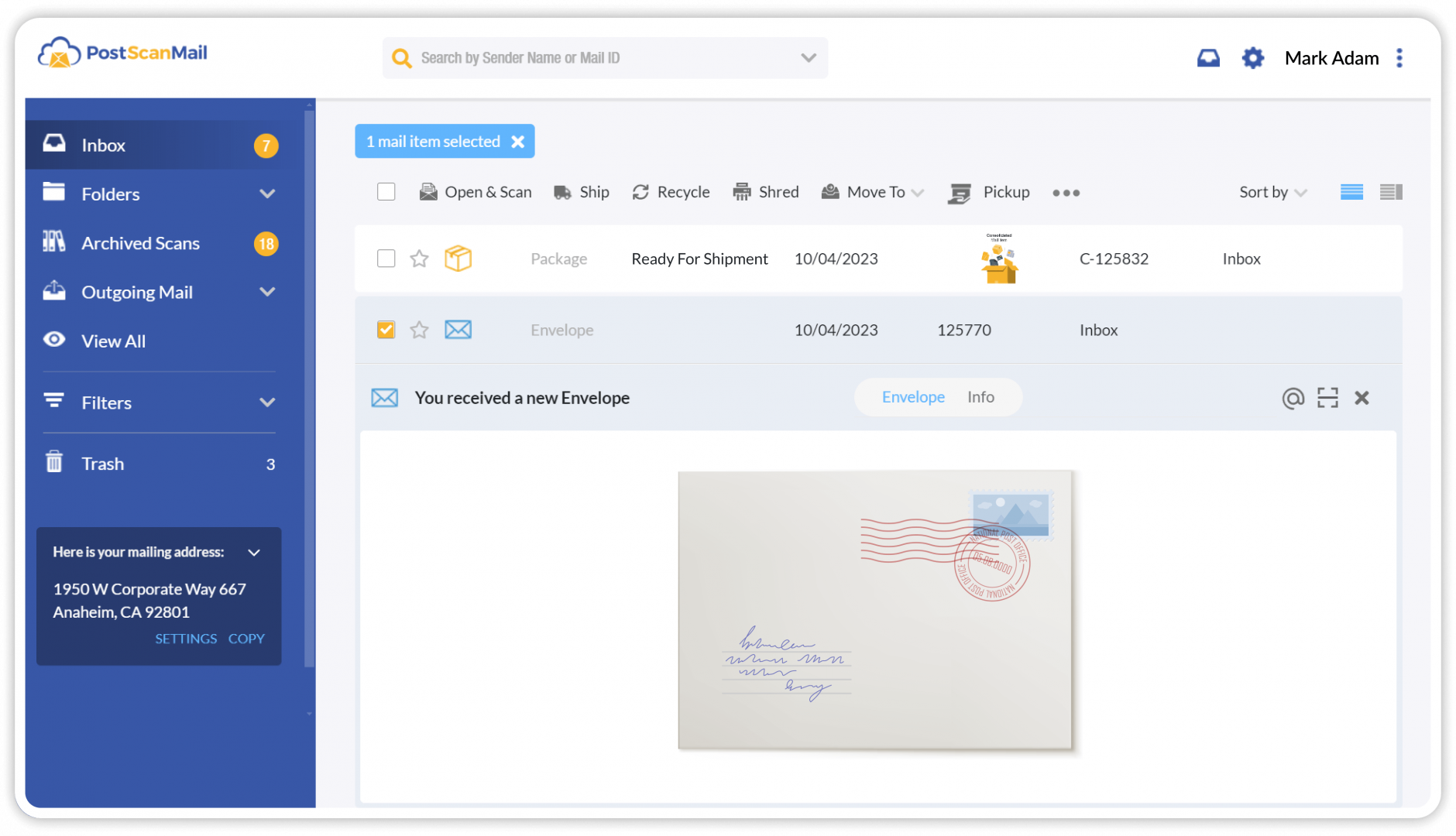 Virtual Mailbox Features PostScan Mail
