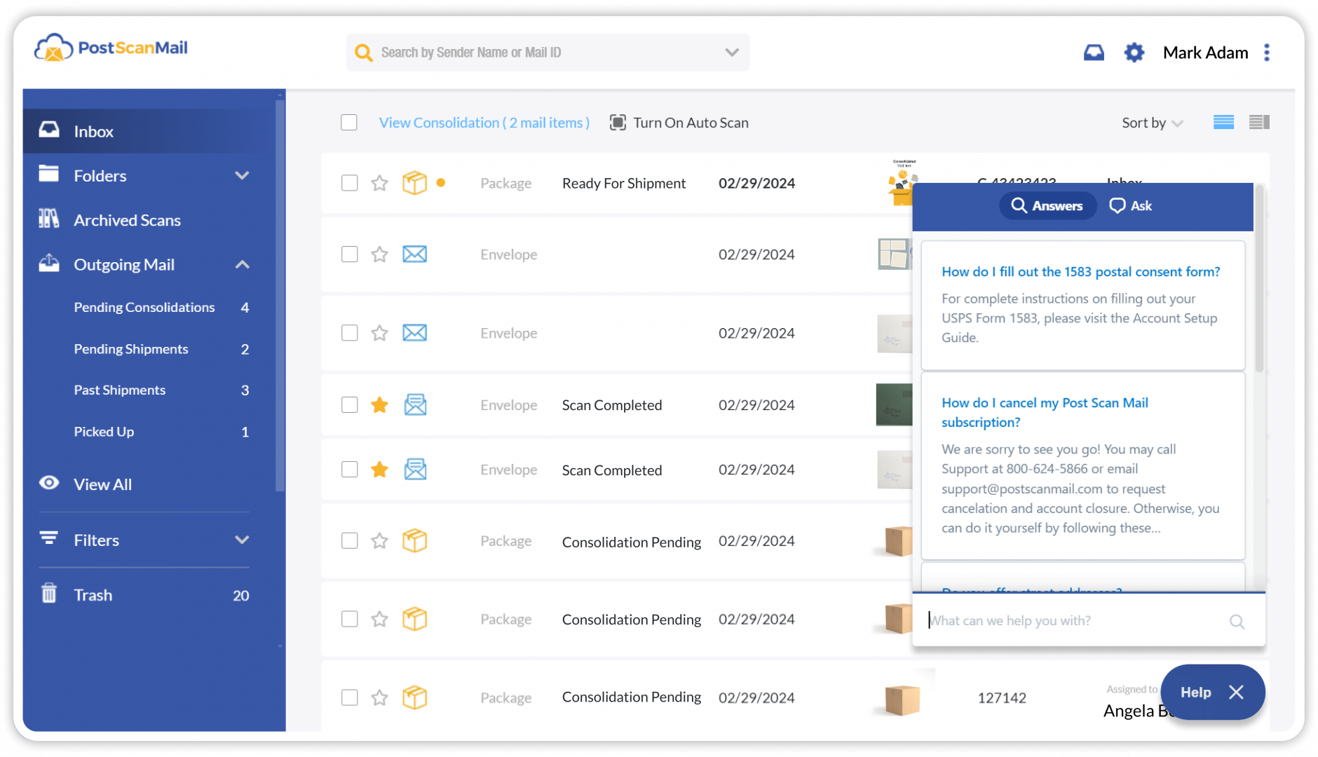 Virtual Mailbox Features PostScan Mail